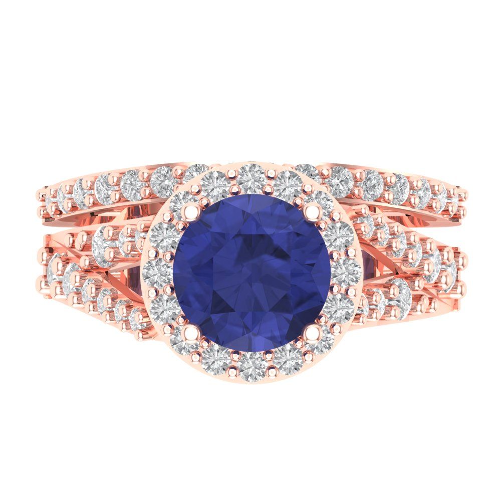 2.32 cttw Round Cut Simulated Tanzanite Bridal Set - Solid Rose Gold Engagement Ring & Wedding Band