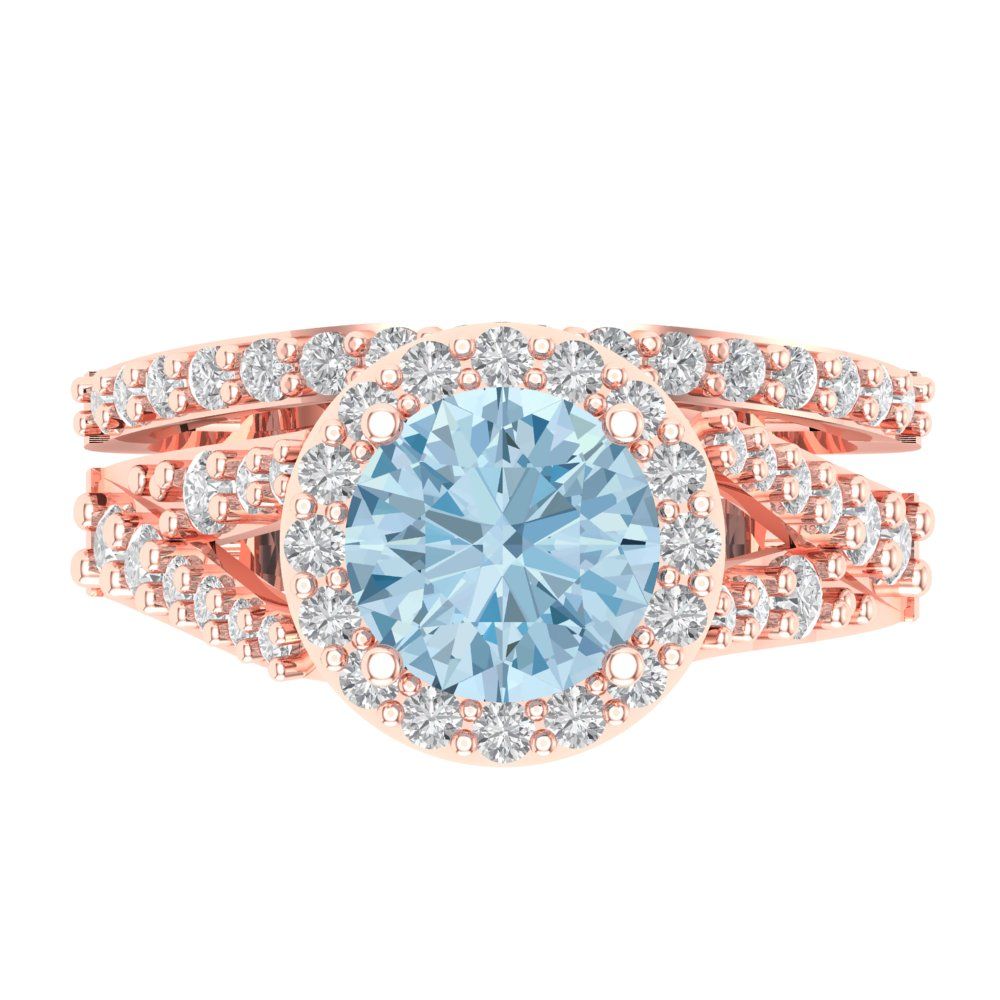 2.32 cttw Round Cut Natural Sky Blue Topaz Bridal Set - Solid Rose Gold Engagement Ring & Wedding Band