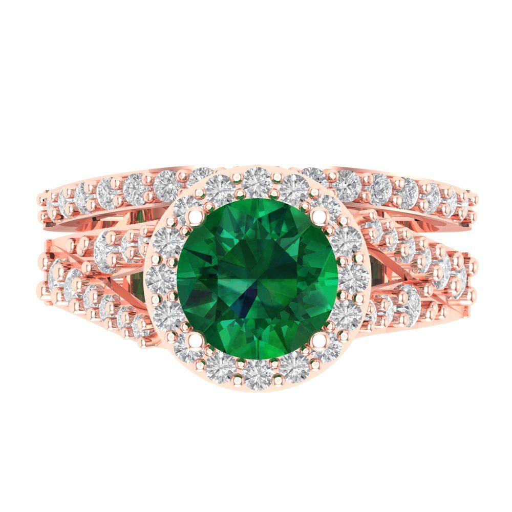 2.32 cttw Round Cut Simulated Emerald Bridal Set - Solid Rose Gold Engagement Ring & Wedding Band