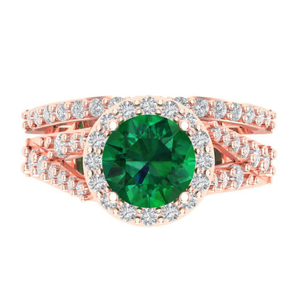 2.32 cttw Round Cut Simulated Emerald Bridal Set - Solid Rose Gold Engagement Ring & Wedding Band