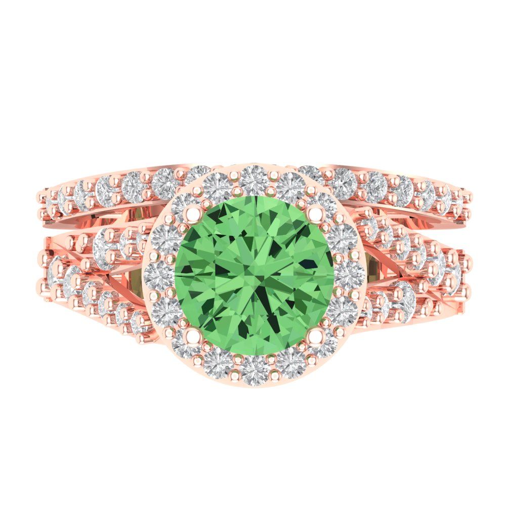2.32 cttw Round Cut Simulated Green Diamond Bridal Set - Solid Rose Gold Engagement Ring & Wedding Band