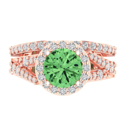 2.32 cttw Round Cut Simulated Green Diamond Bridal Set - Solid Rose Gold Engagement Ring & Wedding Band