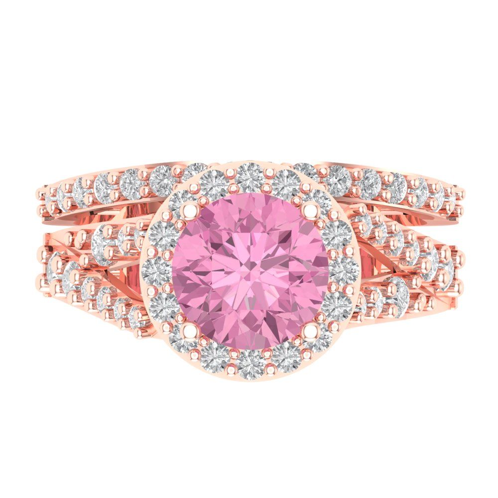 2.32 cttw Round Cut Simulated Pink Diamond Bridal Set - Solid Rose Gold Engagement Ring & Wedding Band