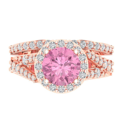 2.32 cttw Round Cut Simulated Pink Diamond Bridal Set - Solid Rose Gold Engagement Ring & Wedding Band