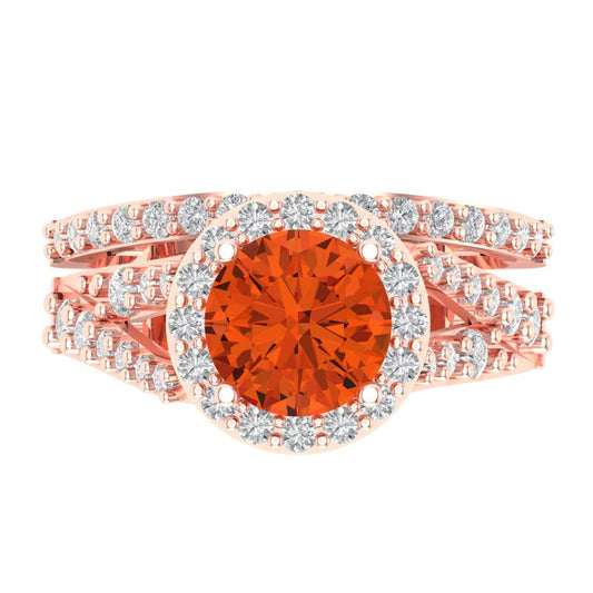 2.32 cttw Round Cut Simulated Red Diamond Bridal Set - Solid Rose Gold Engagement Ring & Wedding Band