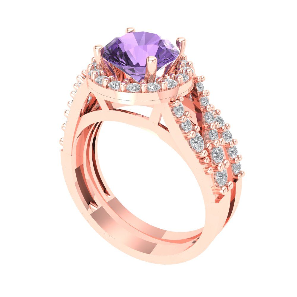2.32 cttw Round Cut Simulated Alexandrite Bridal Set - Solid Rose Gold Engagement Ring & Wedding Band
