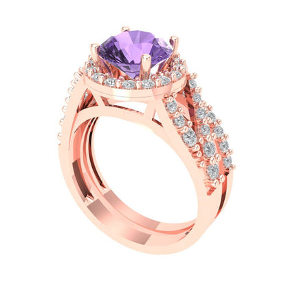2.32 cttw Round Cut Simulated Alexandrite Bridal Set - Solid Rose Gold Engagement Ring & Wedding Band