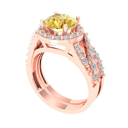 2.32 cttw Round Cut Yellow Moissanite Bridal Set - Solid Rose Gold Engagement Ring & Wedding Band