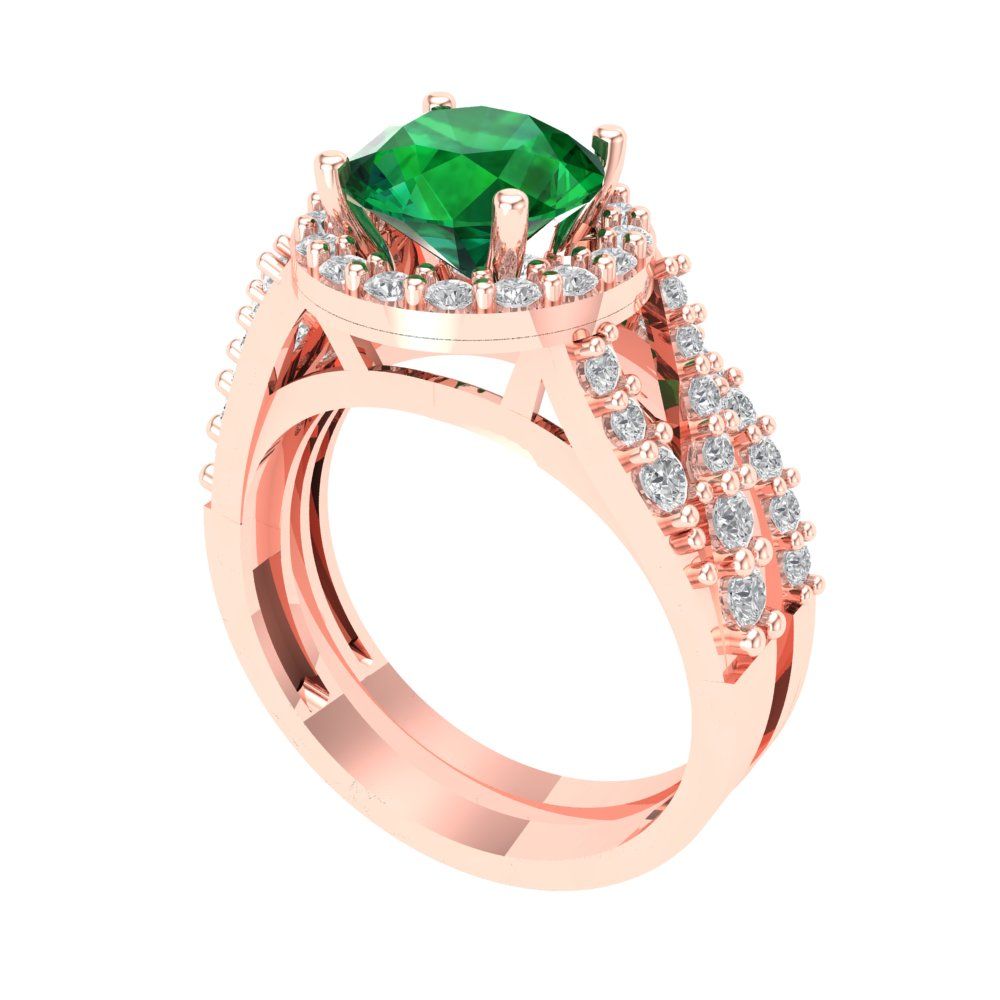 2.32 cttw Round Cut Simulated Emerald Bridal Set - Solid Rose Gold Engagement Ring & Wedding Band