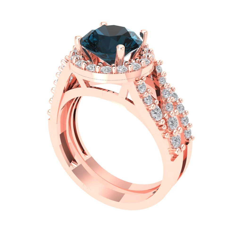 2.32 cttw Round Cut Natural London Blue Topaz Bridal Set - Solid Rose Gold Engagement Ring & Wedding Band