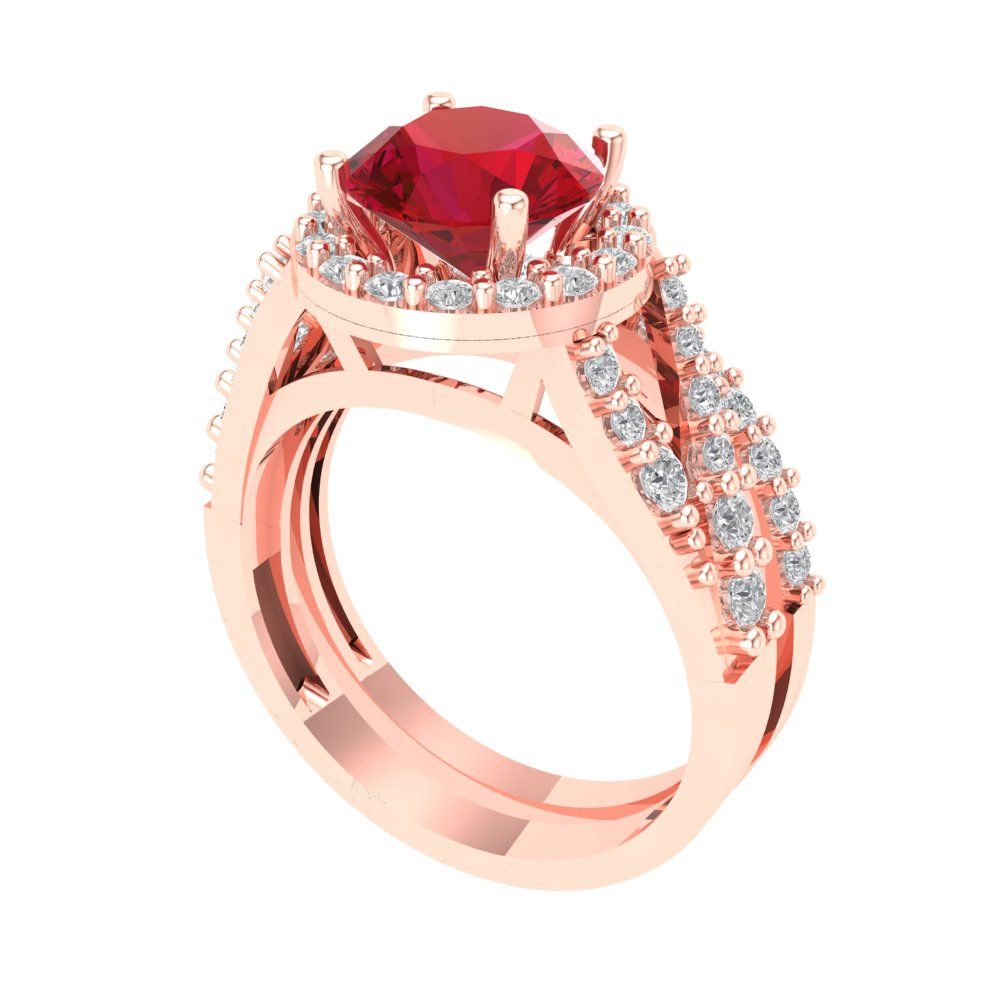 2.32 cttw Round Cut Simulated Pink Tourmaline Bridal Set - Solid Rose Gold Engagement Ring & Wedding Band