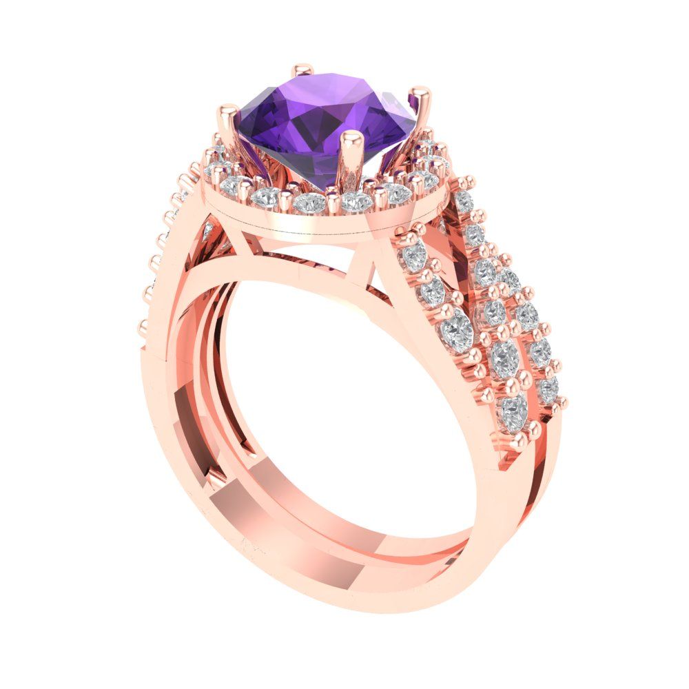 2.32 cttw Round Cut Natural Amethyst Bridal Set - Solid Rose Gold Engagement Ring & Wedding Band