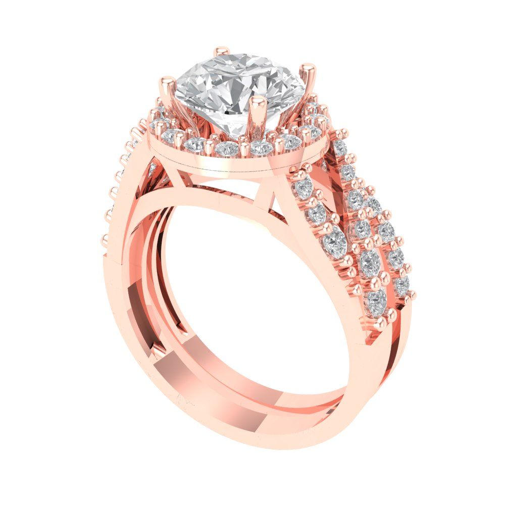2.32 cttw Round Cut White Sapphire Bridal Set - Solid Rose Gold Engagement Ring & Wedding Band