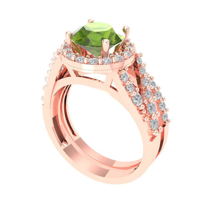 2.32 cttw Round Cut Natural Peridot Bridal Set - Solid Rose Gold Engagement Ring & Wedding Band