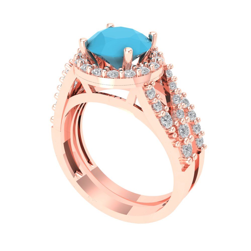 2.32 cttw Round Cut Simulated Turquoise Bridal Set - Solid Rose Gold Engagement Ring & Wedding Band