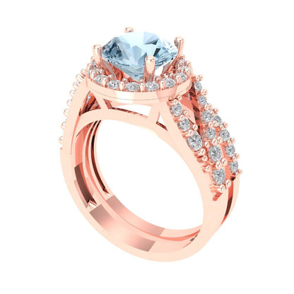 2.32 cttw Round Cut Natural Sky Blue Topaz Bridal Set - Solid Rose Gold Engagement Ring & Wedding Band