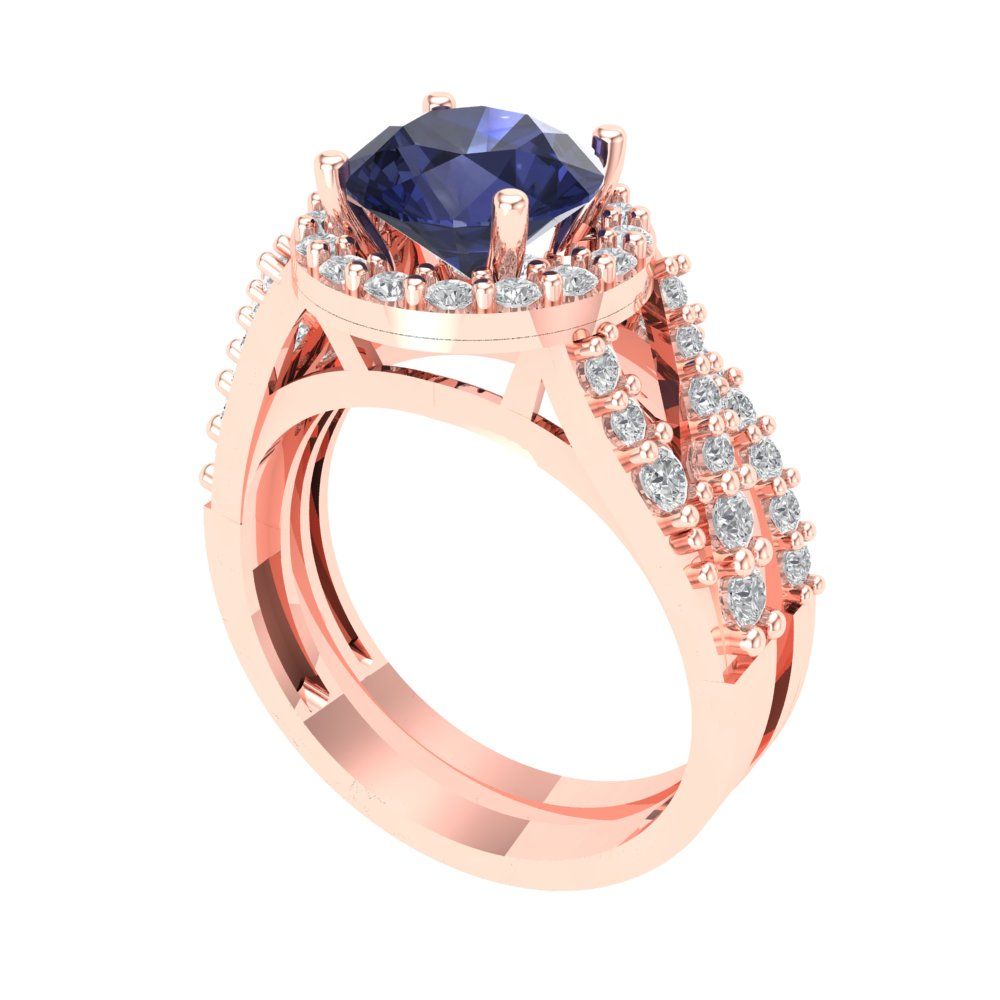2.32 cttw Round Cut Simulated Blue Sapphire Bridal Set - Solid Rose Gold Engagement Ring & Wedding Band