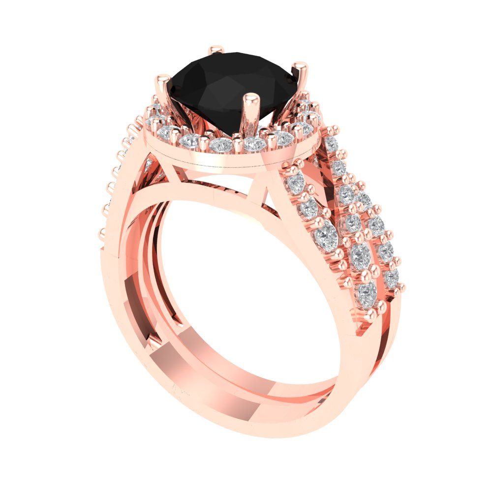 2.32 cttw Round Cut Natural Onyx Bridal Set - Solid Rose Gold Engagement Ring & Wedding Band