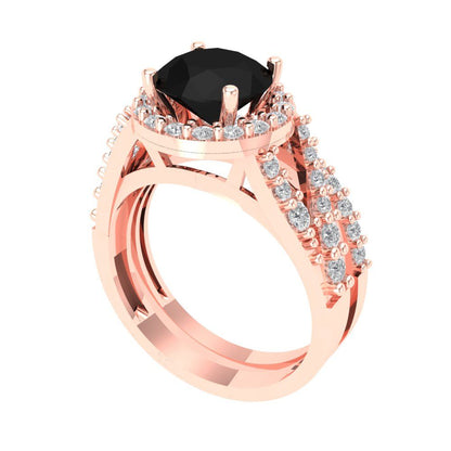 2.32 cttw Round Cut Natural Onyx Bridal Set - Solid Rose Gold Engagement Ring & Wedding Band