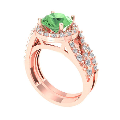 2.32 cttw Round Cut Simulated Green Diamond Bridal Set - Solid Rose Gold Engagement Ring & Wedding Band