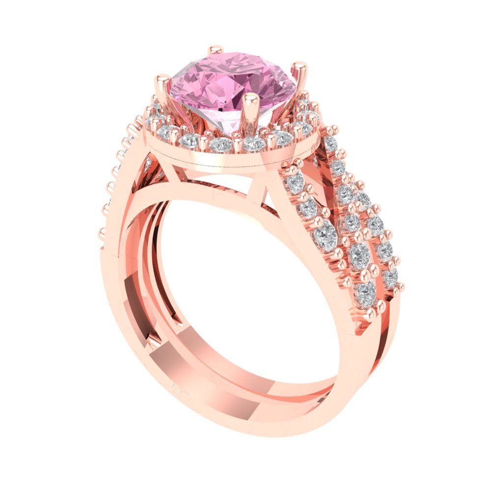 2.32 cttw Round Cut Simulated Pink Diamond Bridal Set - Solid Rose Gold Engagement Ring & Wedding Band