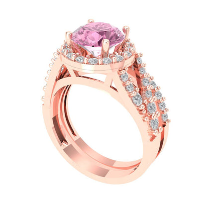 2.32 cttw Round Cut Simulated Pink Diamond Bridal Set - Solid Rose Gold Engagement Ring & Wedding Band
