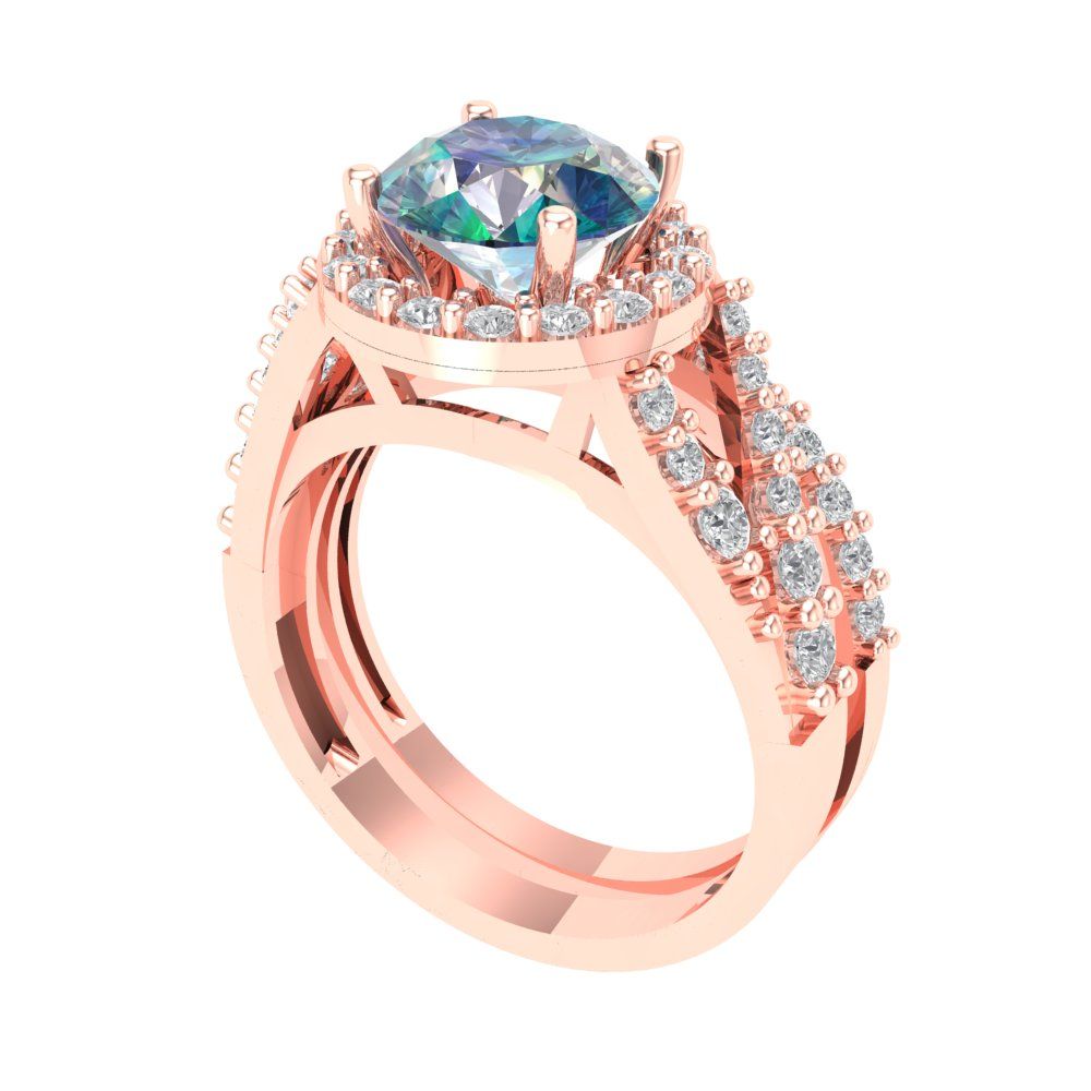 2.32 cttw Round Cut Blue Moissanite Bridal Set - Solid Rose Gold Engagement Ring & Wedding Band