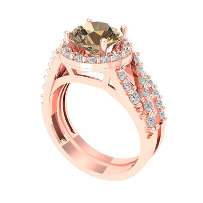 2.32 cttw Round Cut Simulated Champagne Diamond Bridal Set - Solid Rose Gold Engagement Ring & Wedding Band