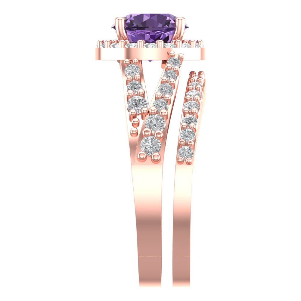 2.32 cttw Round Cut Simulated Alexandrite Bridal Set - Solid Rose Gold Engagement Ring & Wedding Band