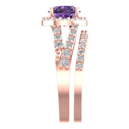 2.32 cttw Round Cut Simulated Alexandrite Bridal Set - Solid Rose Gold Engagement Ring & Wedding Band