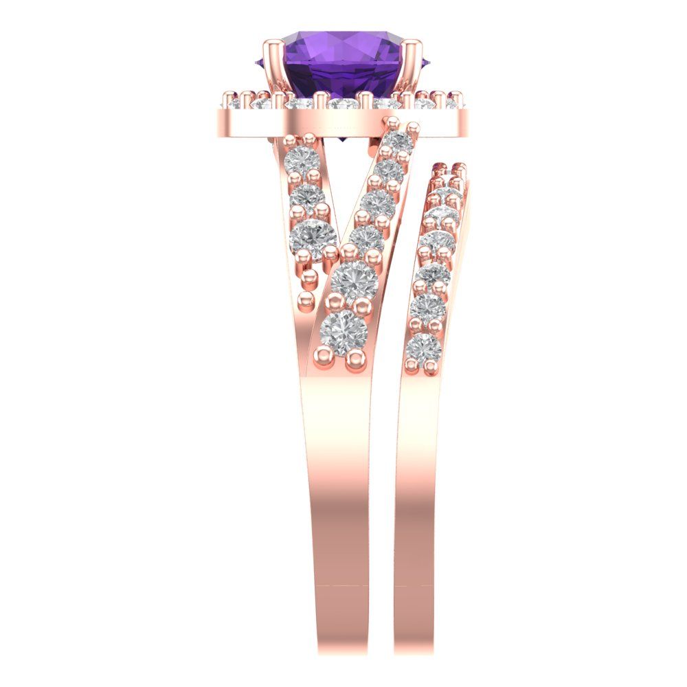 2.32 cttw Round Cut Natural Amethyst Bridal Set - Solid Rose Gold Engagement Ring & Wedding Band