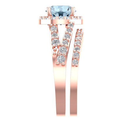 2.32 cttw Round Cut Natural Sky Blue Topaz Bridal Set - Solid Rose Gold Engagement Ring & Wedding Band