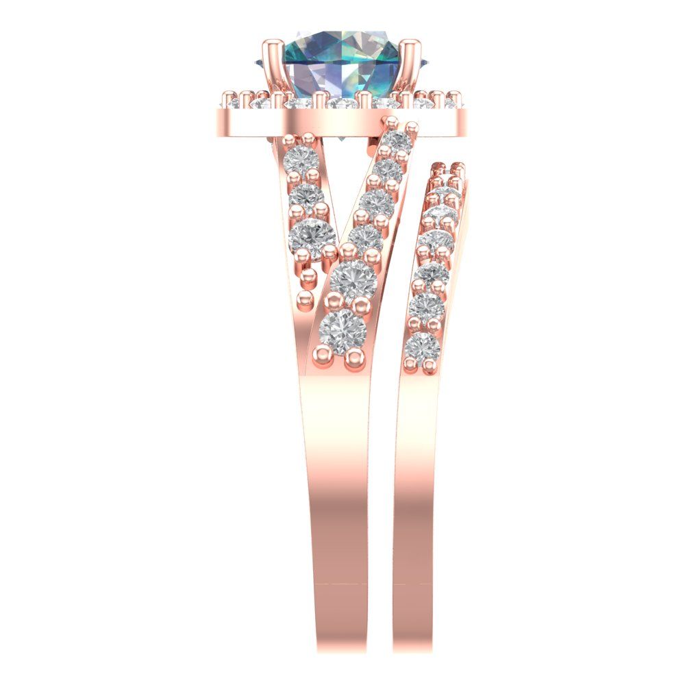 2.32 cttw Round Cut Blue Moissanite Bridal Set - Solid Rose Gold Engagement Ring & Wedding Band