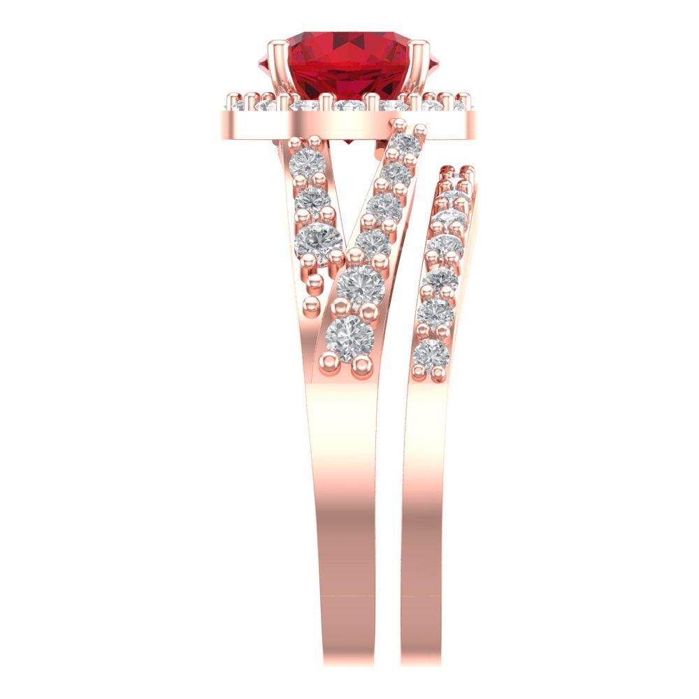 2.32 cttw Round Cut Simulated Ruby Bridal Set - Solid Rose Gold Engagement Ring & Wedding Band