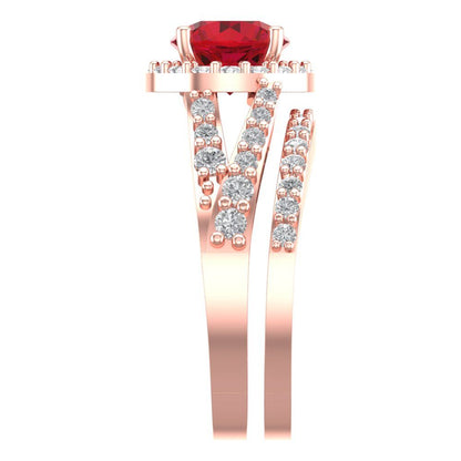 2.32 cttw Round Cut Simulated Ruby Bridal Set - Solid Rose Gold Engagement Ring & Wedding Band
