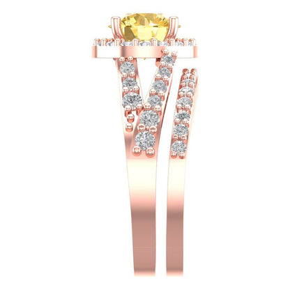 2.32 cttw Round Cut Natural Citrine Bridal Set - Solid Rose Gold Engagement Ring & Wedding Band