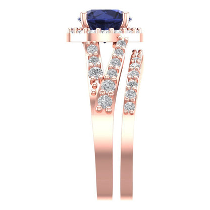 2.32 cttw Round Cut Simulated Blue Sapphire Bridal Set - Solid Rose Gold Engagement Ring & Wedding Band