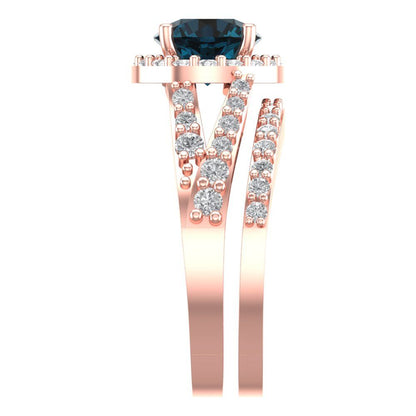 2.32 cttw Round Cut Natural London Blue Topaz Bridal Set - Solid Rose Gold Engagement Ring & Wedding Band