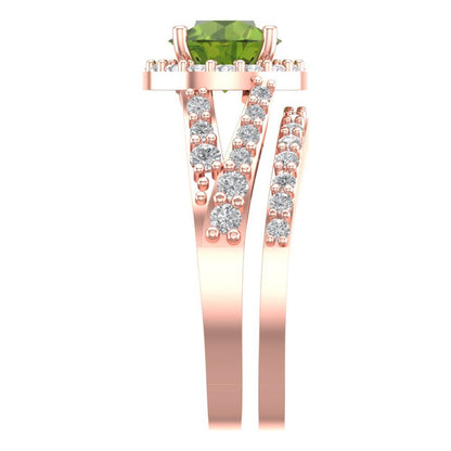 2.32 cttw Round Cut Natural Peridot Bridal Set - Solid Rose Gold Engagement Ring & Wedding Band