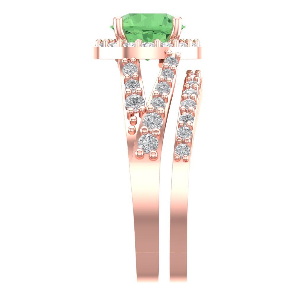 2.32 cttw Round Cut Simulated Green Diamond Bridal Set - Solid Rose Gold Engagement Ring & Wedding Band