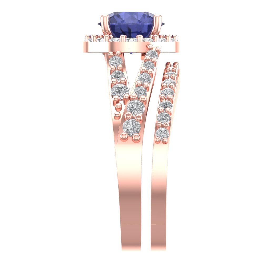 2.32 cttw Round Cut Simulated Tanzanite Bridal Set - Solid Rose Gold Engagement Ring & Wedding Band