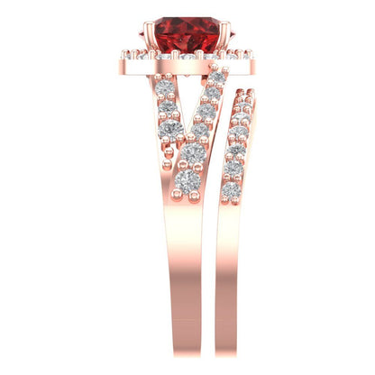 2.32 cttw Round Cut Natural Garnet Bridal Set - Solid Rose Gold Engagement Ring & Wedding Band