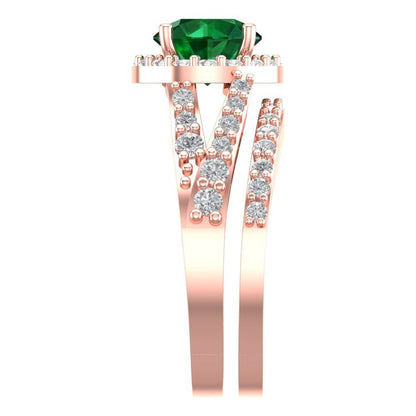 2.32 cttw Round Cut Simulated Emerald Bridal Set - Solid Rose Gold Engagement Ring & Wedding Band