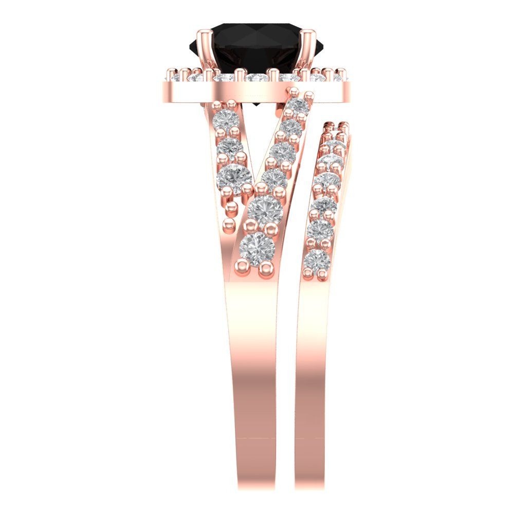 2.32 cttw Round Cut Natural Onyx Bridal Set - Solid Rose Gold Engagement Ring & Wedding Band