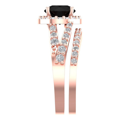2.32 cttw Round Cut Natural Onyx Bridal Set - Solid Rose Gold Engagement Ring & Wedding Band
