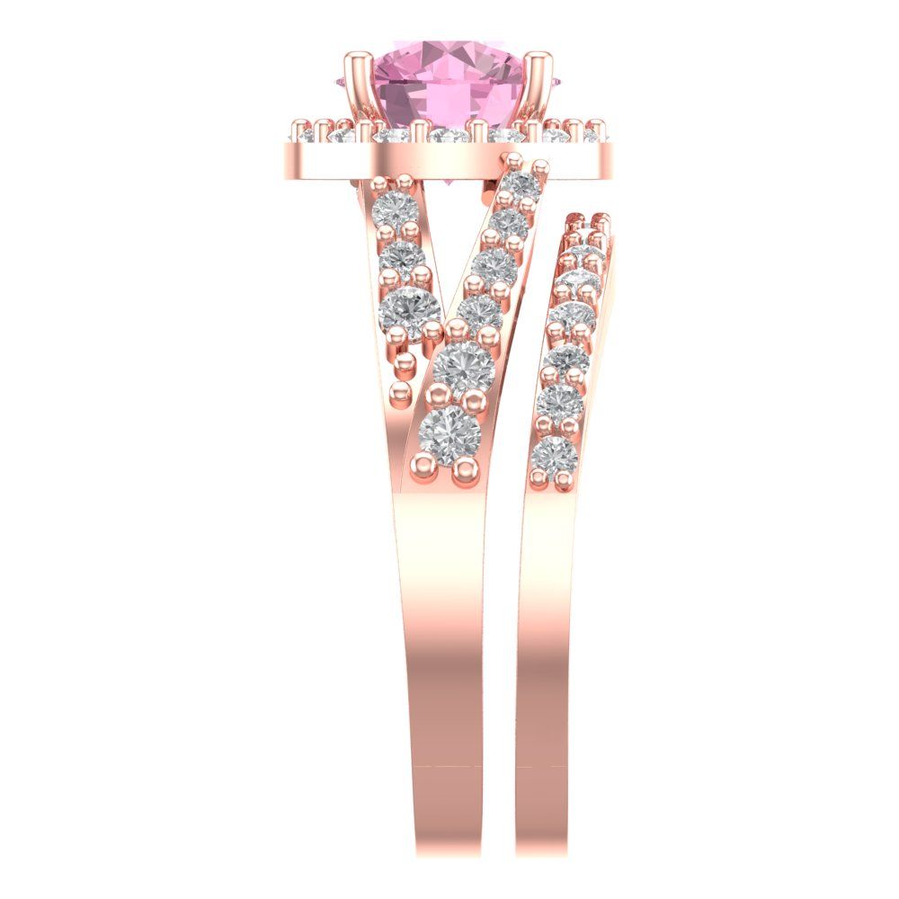 2.32 cttw Round Cut Simulated Pink Diamond Bridal Set - Solid Rose Gold Engagement Ring & Wedding Band