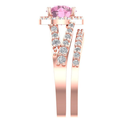 2.32 cttw Round Cut Simulated Pink Diamond Bridal Set - Solid Rose Gold Engagement Ring & Wedding Band