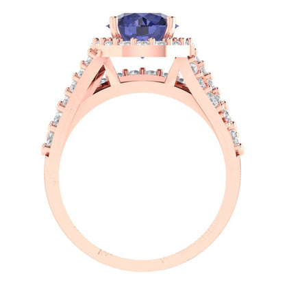 2.32 cttw Round Cut Simulated Tanzanite Bridal Set - Solid Rose Gold Engagement Ring & Wedding Band