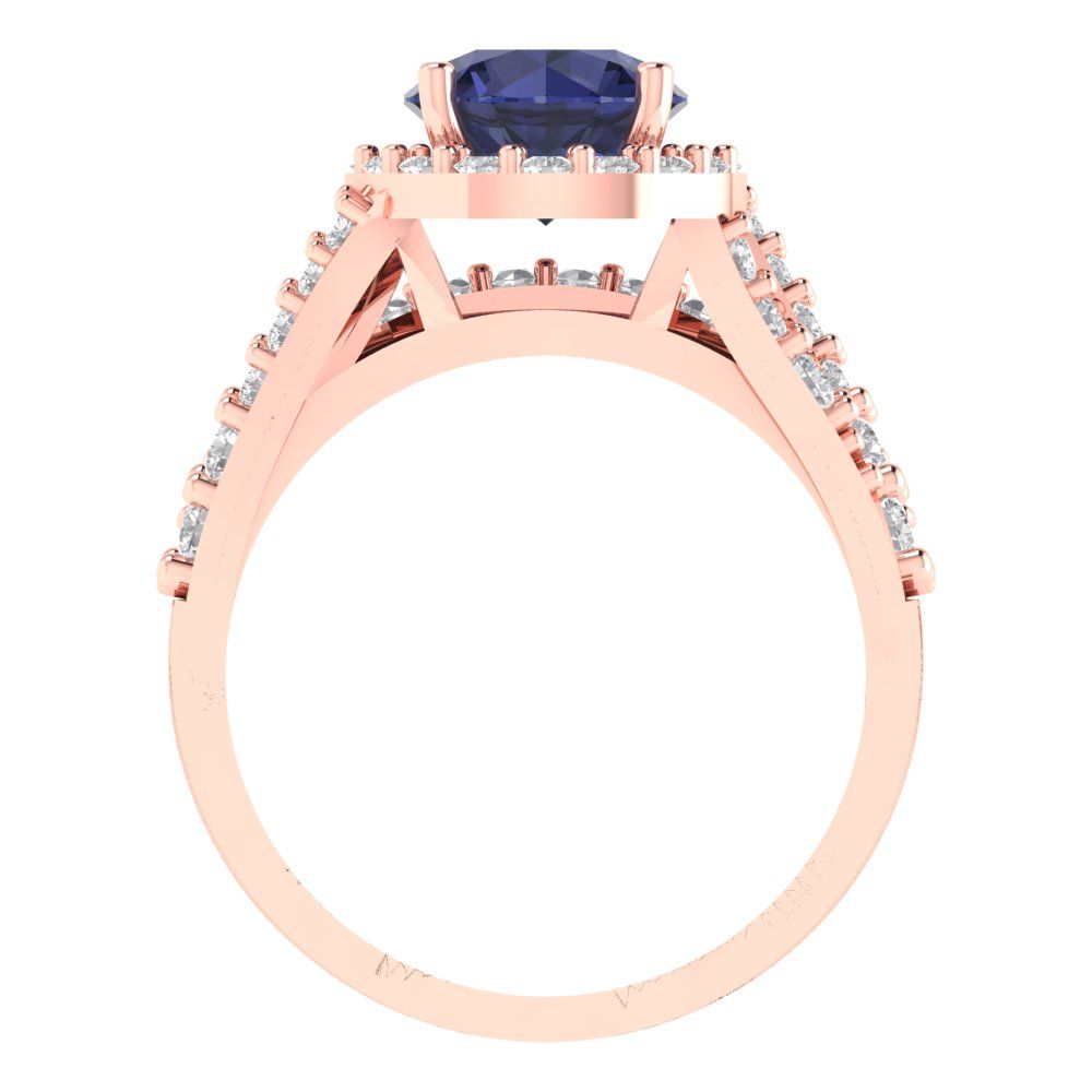 2.32 cttw Round Cut Simulated Blue Sapphire Bridal Set - Solid Rose Gold Engagement Ring & Wedding Band