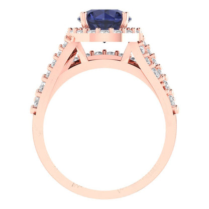 2.32 cttw Round Cut Simulated Blue Sapphire Bridal Set - Solid Rose Gold Engagement Ring & Wedding Band